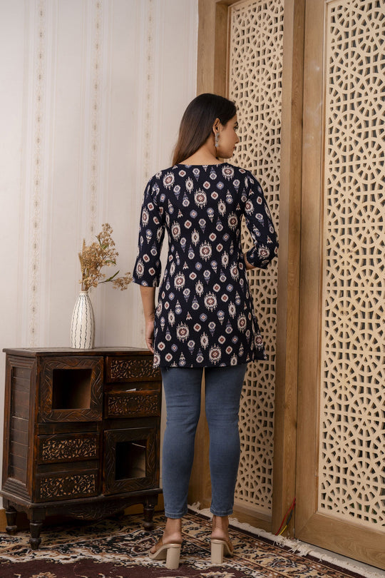 Black Printed Rayon Short kurti Top