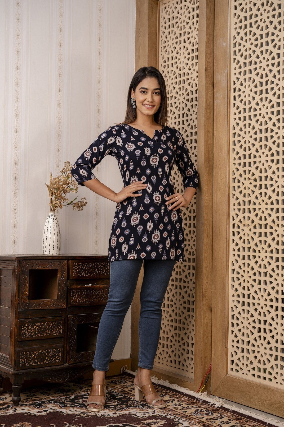 Black Printed Rayon Short kurti Top