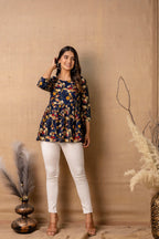 Blue Floral Printed Rayon Peplum Top