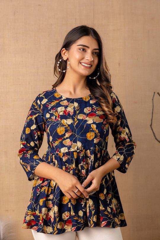 Blue Floral Printed Rayon Peplum Top