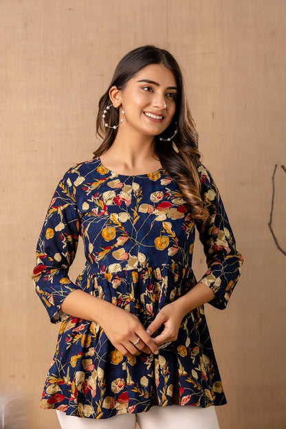 Blue Floral Printed Rayon Peplum Top