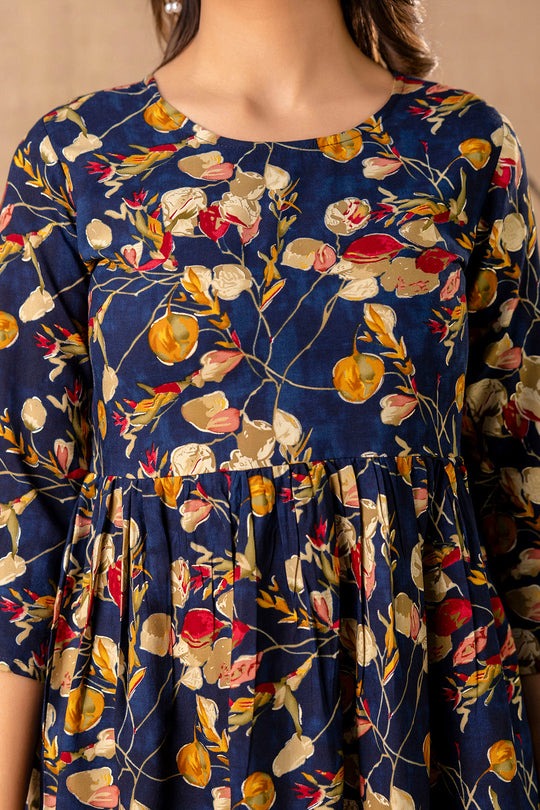 Blue Floral Printed Rayon Peplum Top