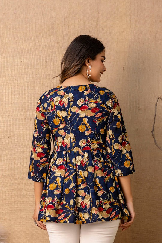 Blue Floral Printed Rayon Peplum Top