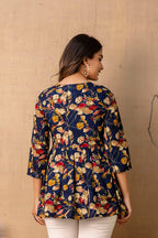 Blue Floral Printed Rayon Peplum Top