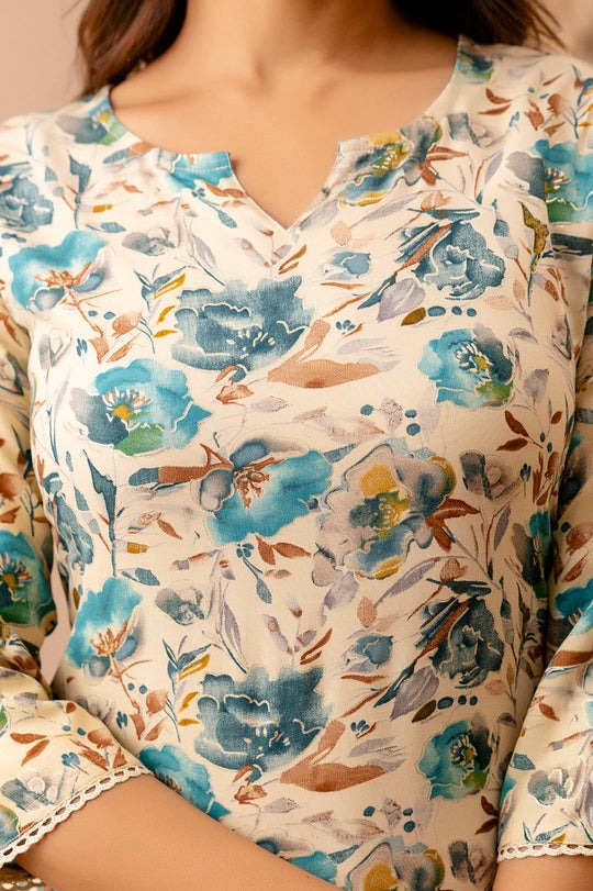 Off white Green floral Printed Rayon Top