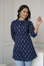 Load image into Gallery viewer, Navy Blue Cotton Printed Short Kurti Top
