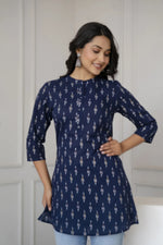 Load image into Gallery viewer, Navy Blue Cotton Printed Short Kurti Top
