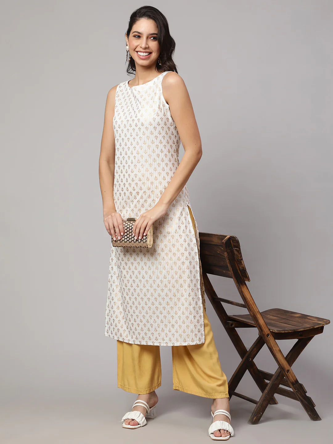 Off White Gold Foil Printed Cotton  Kurti Top