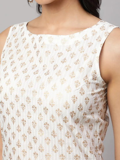 Off White Gold Foil Printed Cotton  Kurti Top