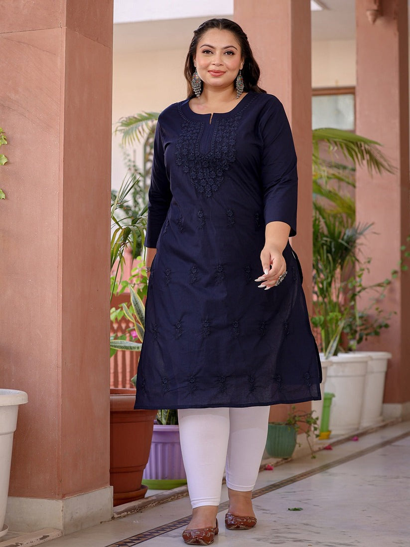 Plus Size Navy Blue Chikankari Cotton Kurti Top( Top Only)