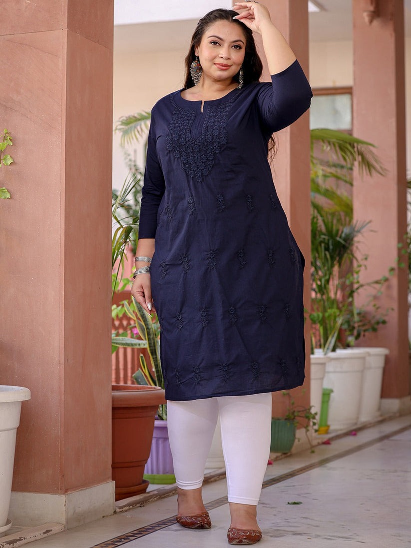 Plus Size Navy Blue Chikankari Cotton Kurti Top( Top Only)