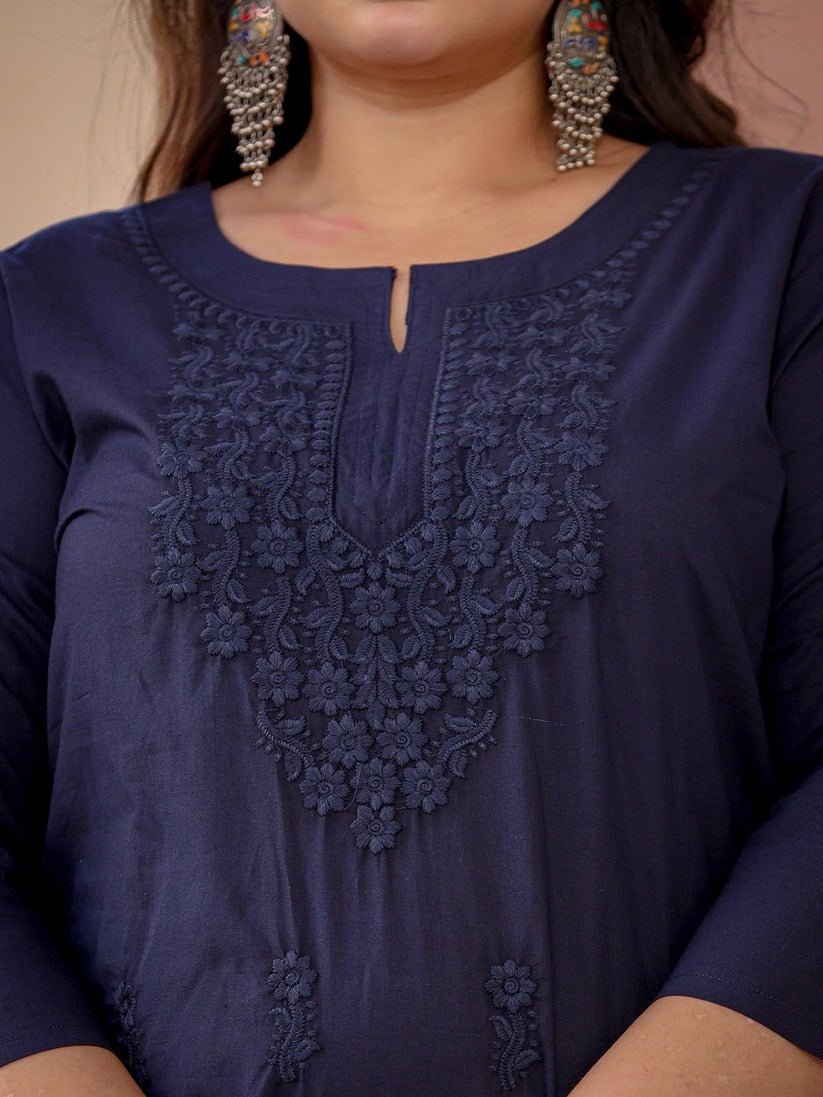 Plus Size Navy Blue Chikankari Cotton Kurti Top( Top Only)