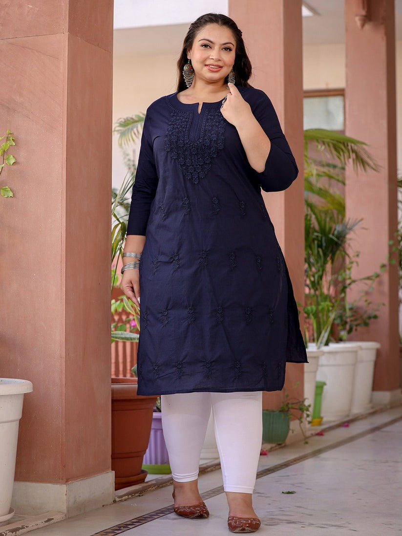 Plus Size Navy Blue Chikankari Cotton Kurti Top( Top Only)