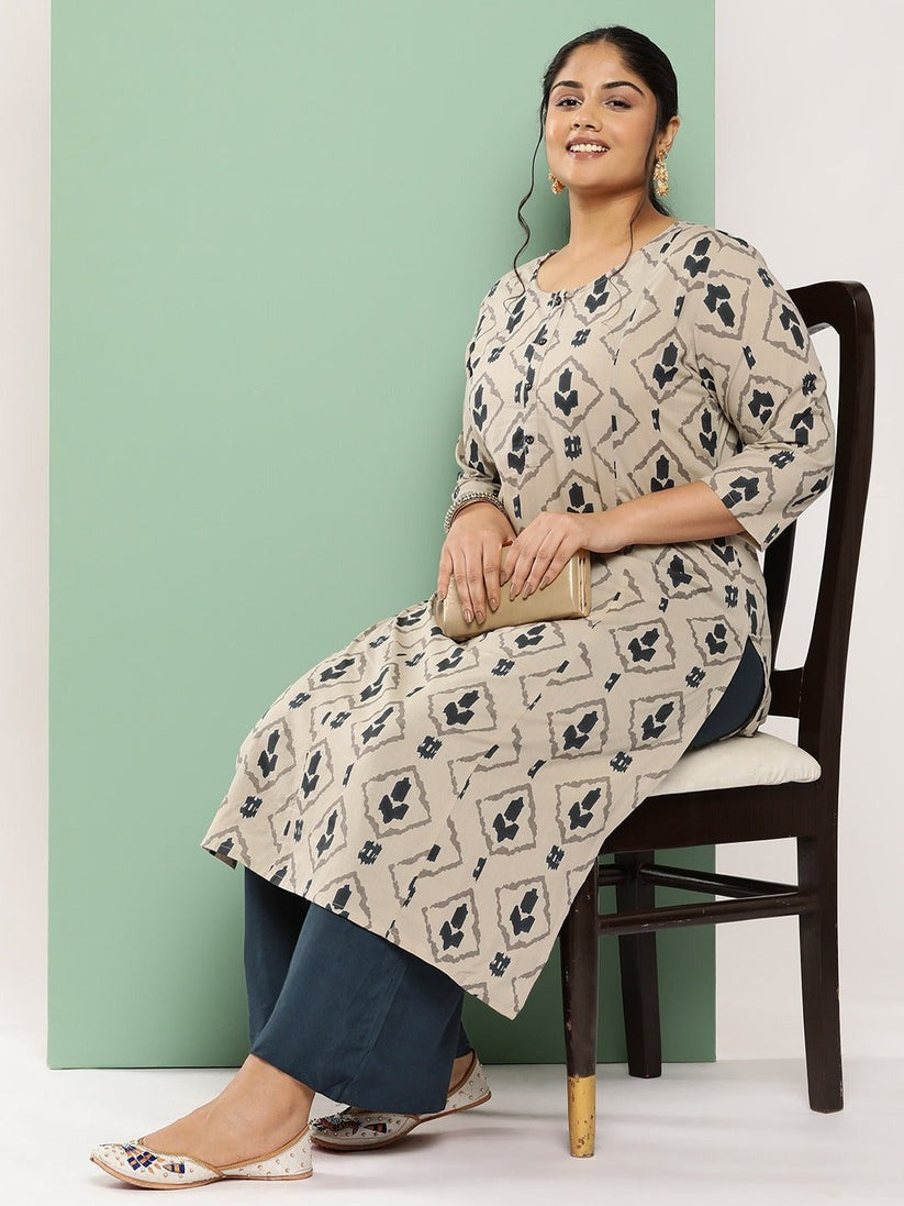 Grey Blue Printed Cotton Princes Cut Kurti Palazo Set (S to 4XL)