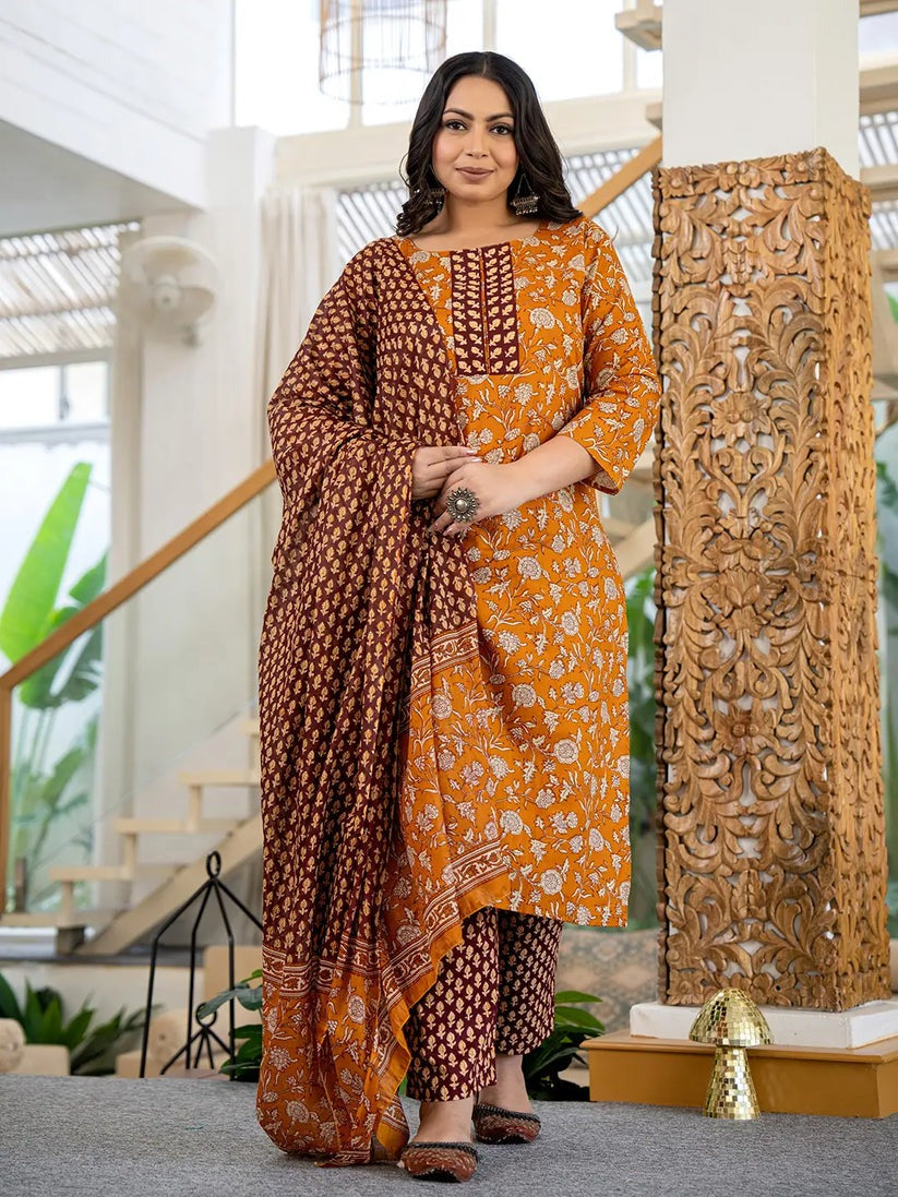 Mustard Floral Printed Pure Cotton Kurta Palazzo Set With Dupatta