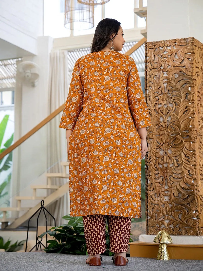 Mustard Floral Printed Pure Cotton Kurta Palazzo Set With Dupatta