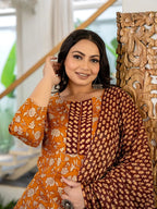 Mustard Floral Printed Pure Cotton Kurta Palazzo Set With Dupatta