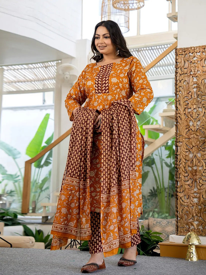 Mustard Floral Printed Pure Cotton Kurta Palazzo Set With Dupatta