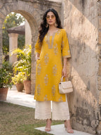 Yellow Floral Printed Cotton Kurti Top (Top Only)