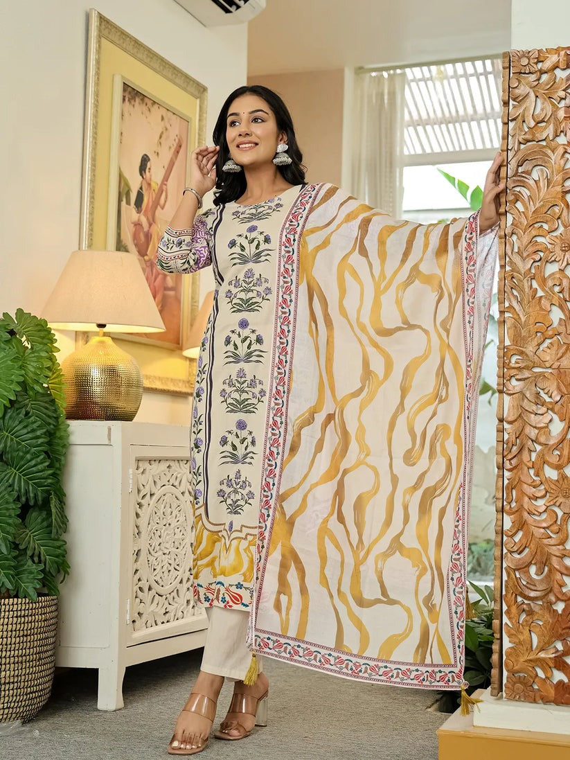 Offwhite Yellow Kurta Palazzo Set with Dupatta