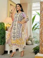 Offwhite Yellow Kurta Palazzo Set with Dupatta