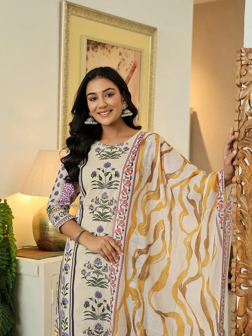 Offwhite Yellow Kurta Palazzo Set with Dupatta