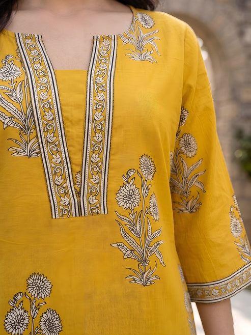Yellow Floral Printed Cotton Kurti Top (Top Only)
