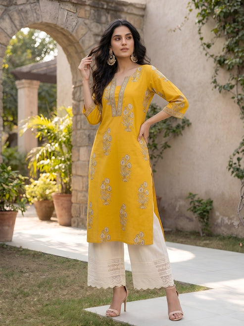 Yellow Floral Printed Cotton Kurti Top (Top Only)