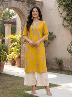 Yellow Floral Printed Cotton Kurti Top (Top Only)