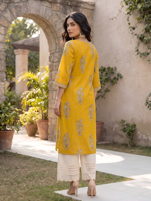Yellow Floral Printed Cotton Kurti Top (Top Only)