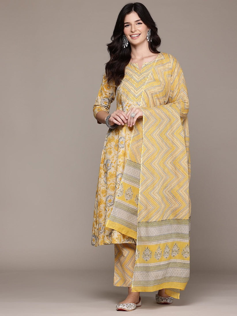 Yellow Printed Kurta Palazzo Set with Dupatta