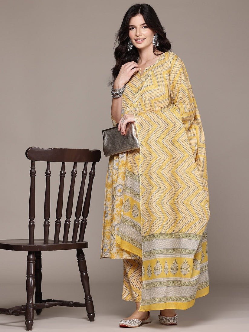 Yellow Printed Kurta Palazzo Set with Dupatta