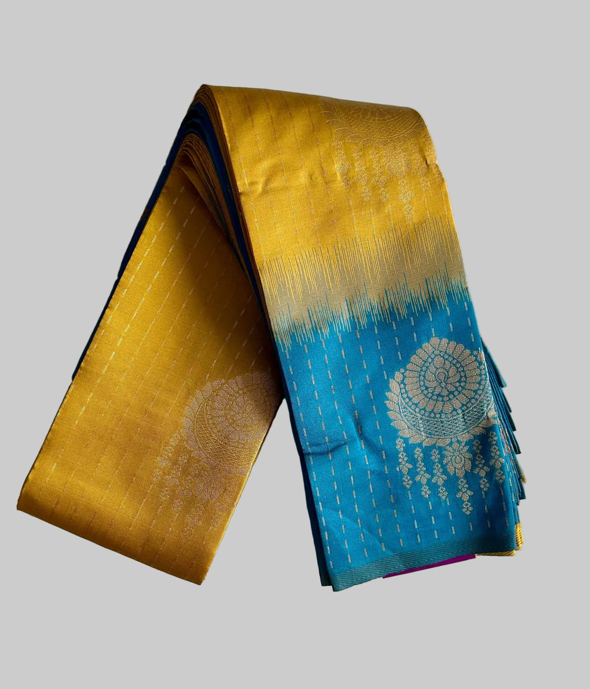 Silver Gold  Zari Woven Motifs & Stripes Semi Silk Saree with Contrast Border