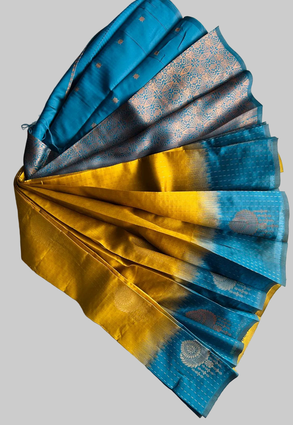 Silver Gold  Zari Woven Motifs & Stripes Semi Silk Saree with Contrast Border