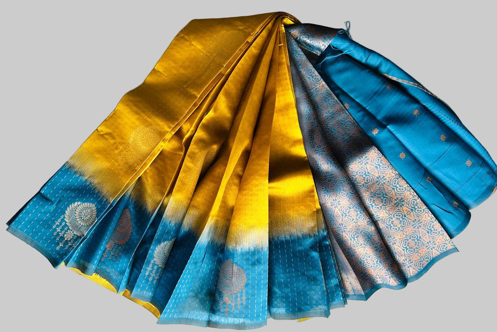 Silver Gold  Zari Woven Motifs & Stripes Semi Silk Saree with Contrast Border