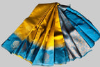 Silver Gold  Zari Woven Motifs & Stripes Semi Silk Saree with Contrast Border
