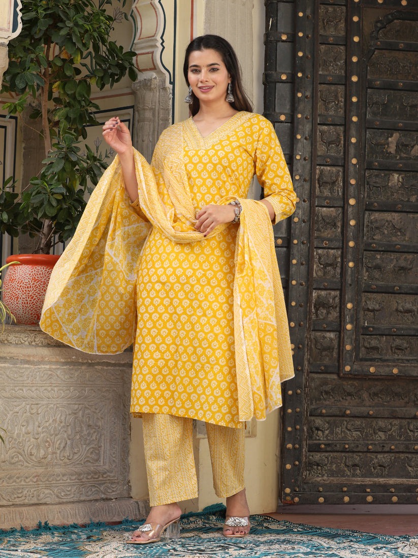 Yellow white  Printed Embroidered Cotton 3pc Kurti Set