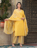 Yellow white  Printed Embroidered Cotton 3pc Kurti Set