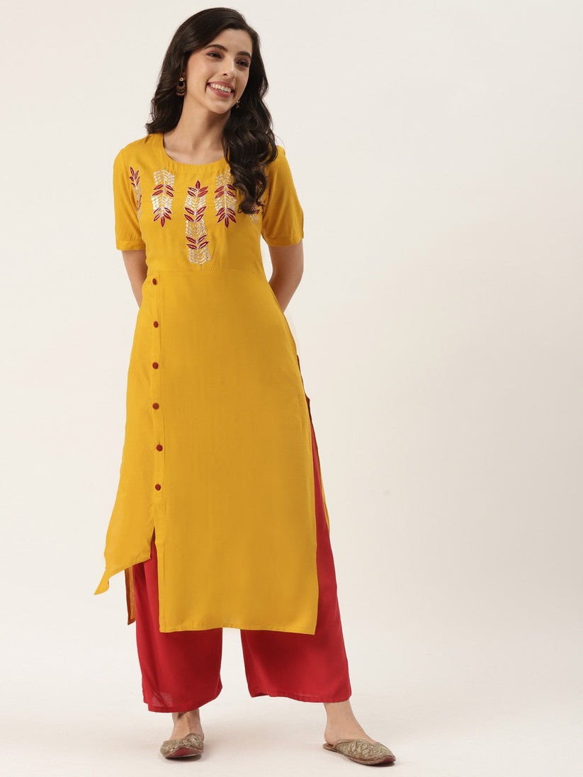 Yellow Yoke Embroidered Rayon Kurti Top (Top Only)
