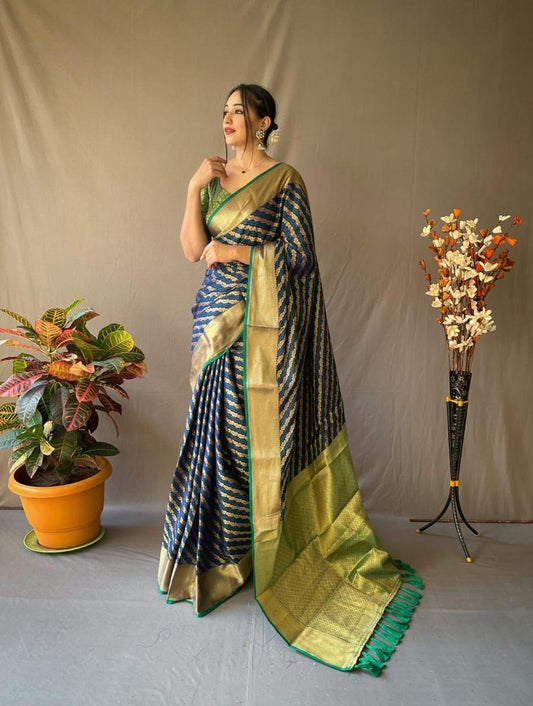 Peacock Blue & Green Banarasi Gold Zari Weaved Saree