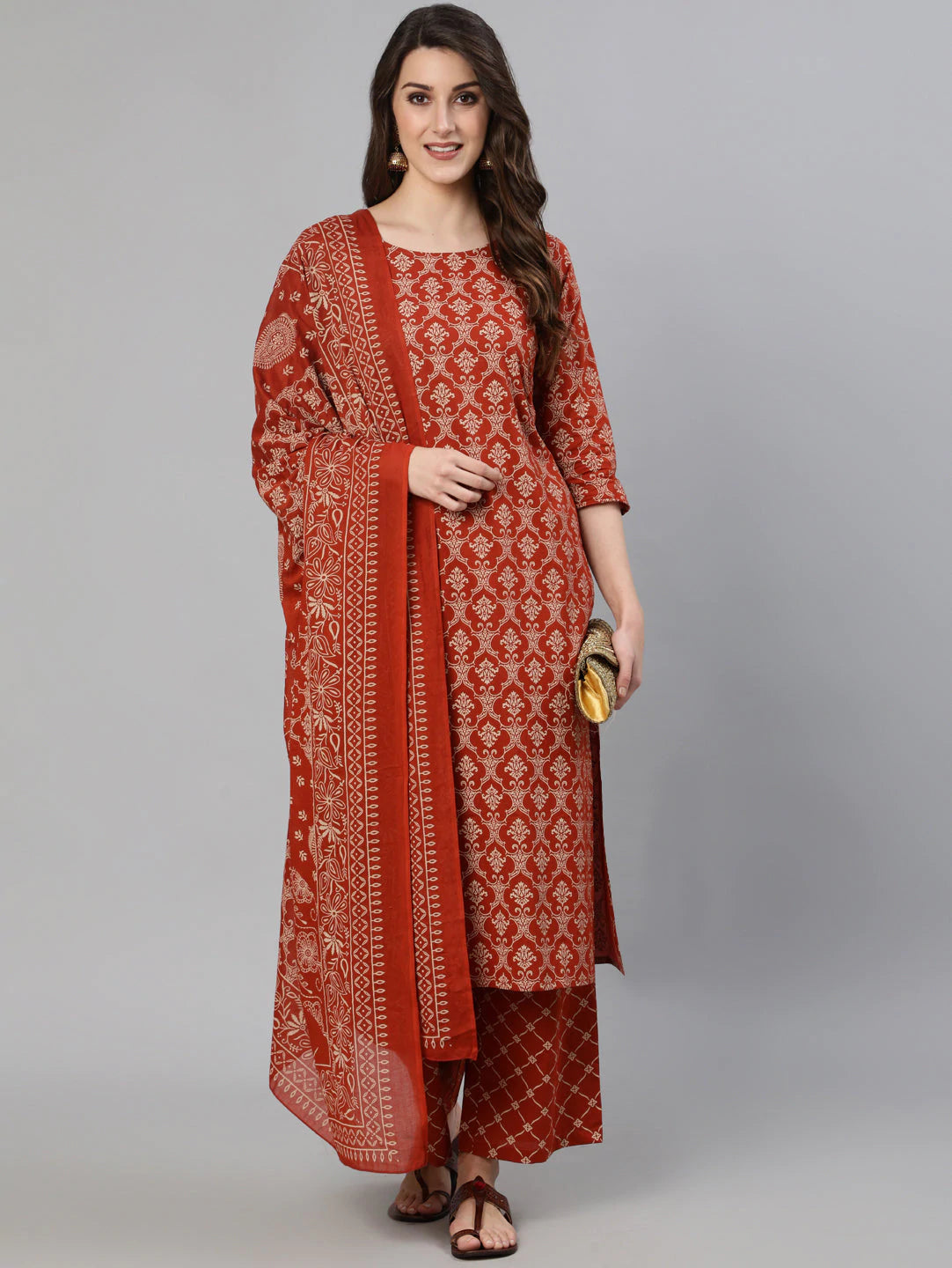 Rust Printed Cotton Kurti & Palazzo with  Dupatta