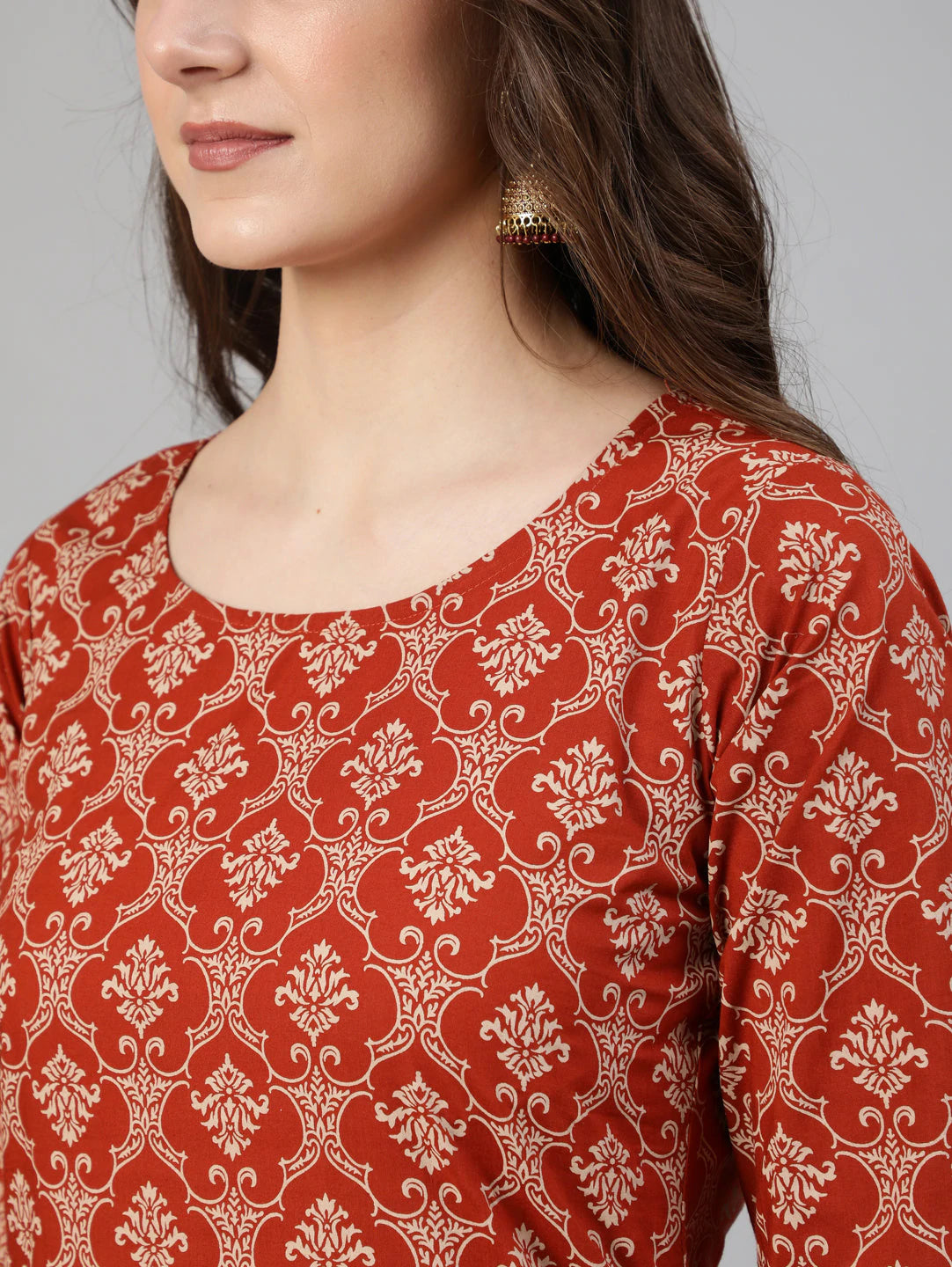 Rust Printed Cotton Kurti & Palazzo with  Dupatta