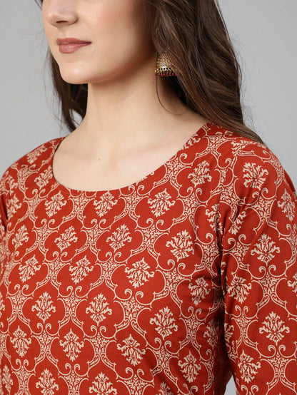 Rust Printed Cotton Kurti & Palazzo with  Dupatta