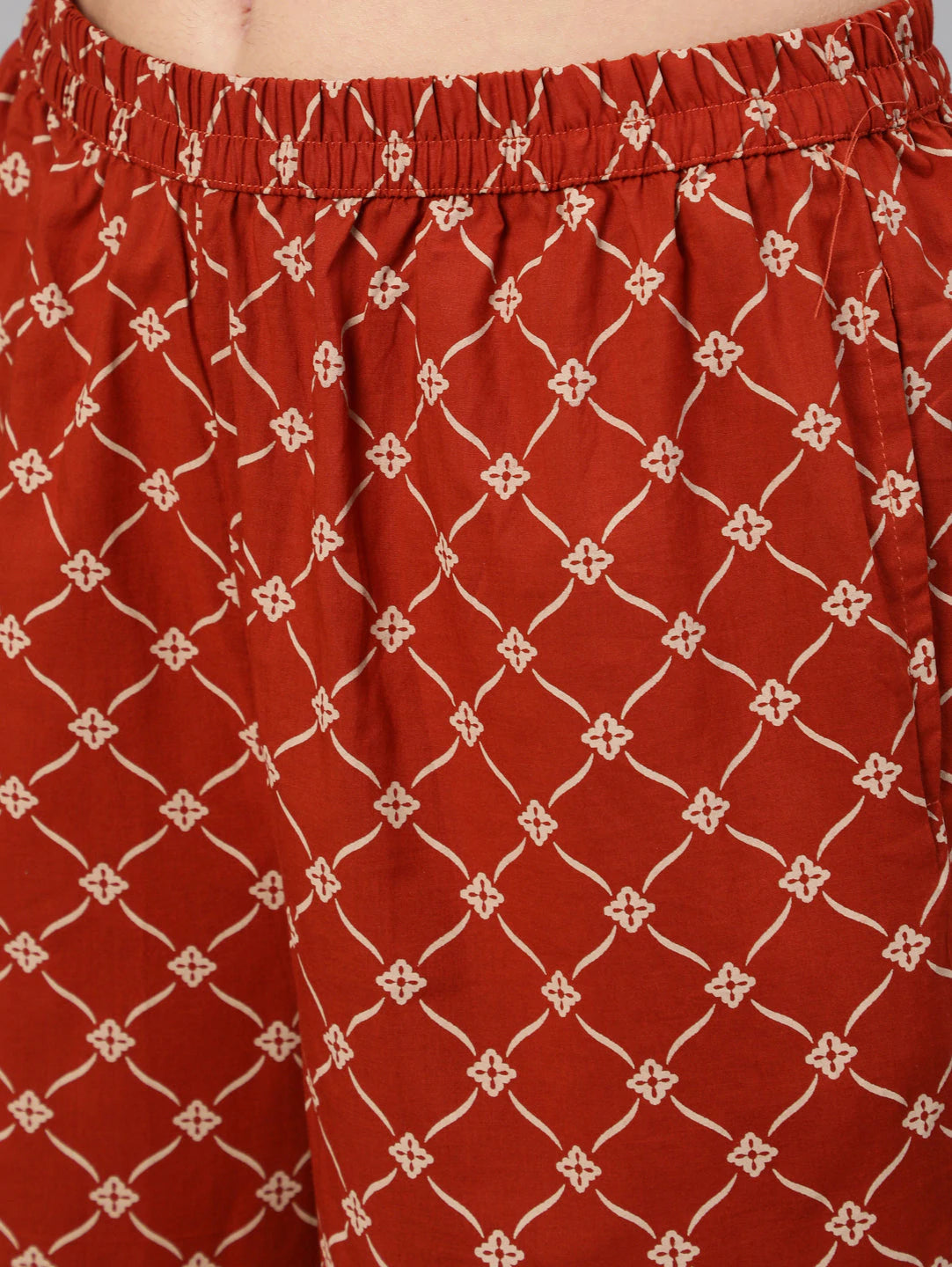 Rust Printed Cotton Kurti & Palazzo with  Dupatta