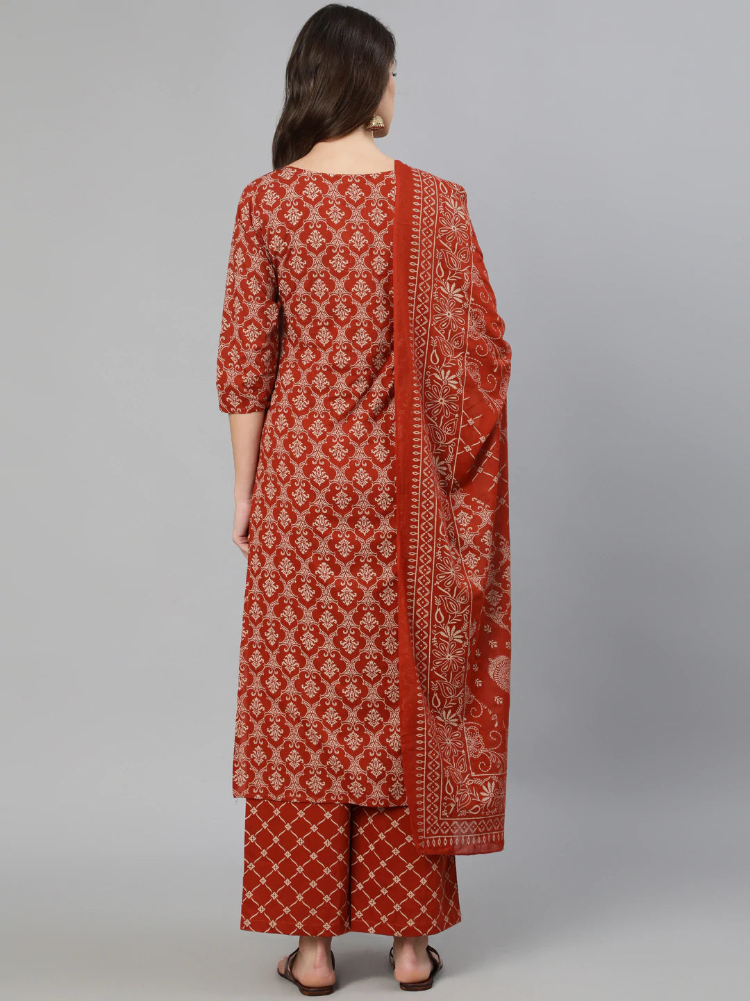 Rust Printed Cotton Kurti & Palazzo with  Dupatta