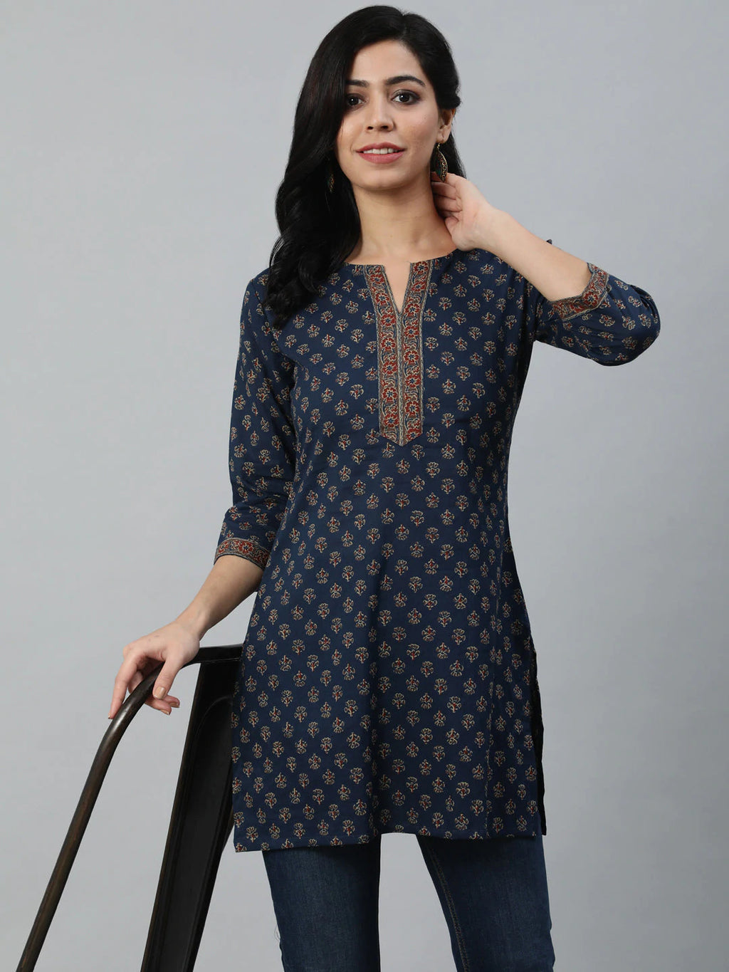Navy Blue Classic Cotton Printed Short Kurti Top