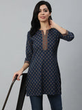 Navy Blue Classic Cotton Printed Short Kurti Top