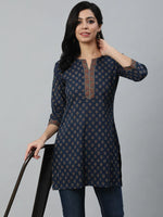 Load image into Gallery viewer, Navy Blue Classic Cotton Printed Short Kurti Top

