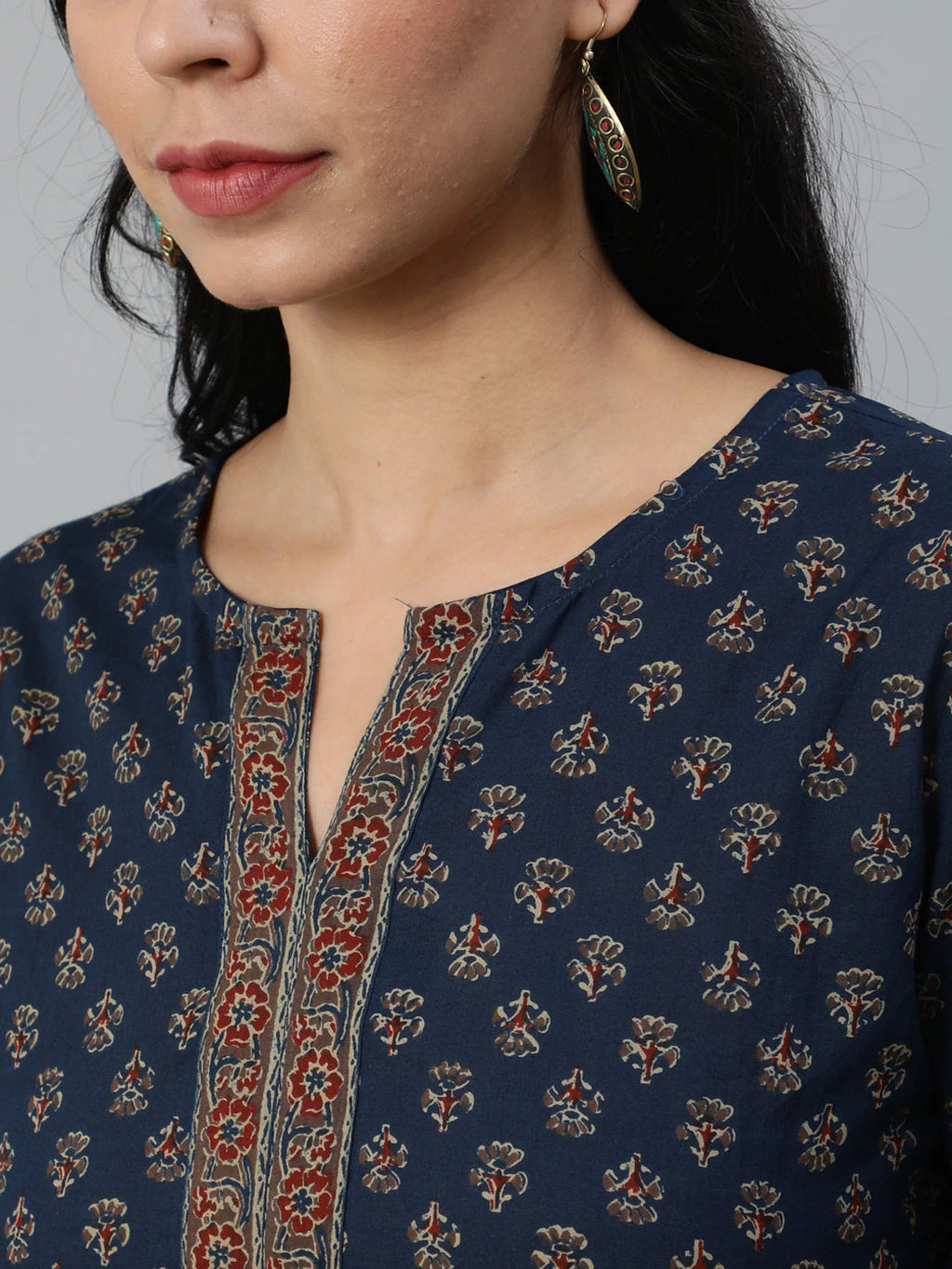 Navy Blue Classic Cotton Printed Short Kurti Top