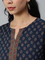 Navy Blue Classic Cotton Printed Short Kurti Top